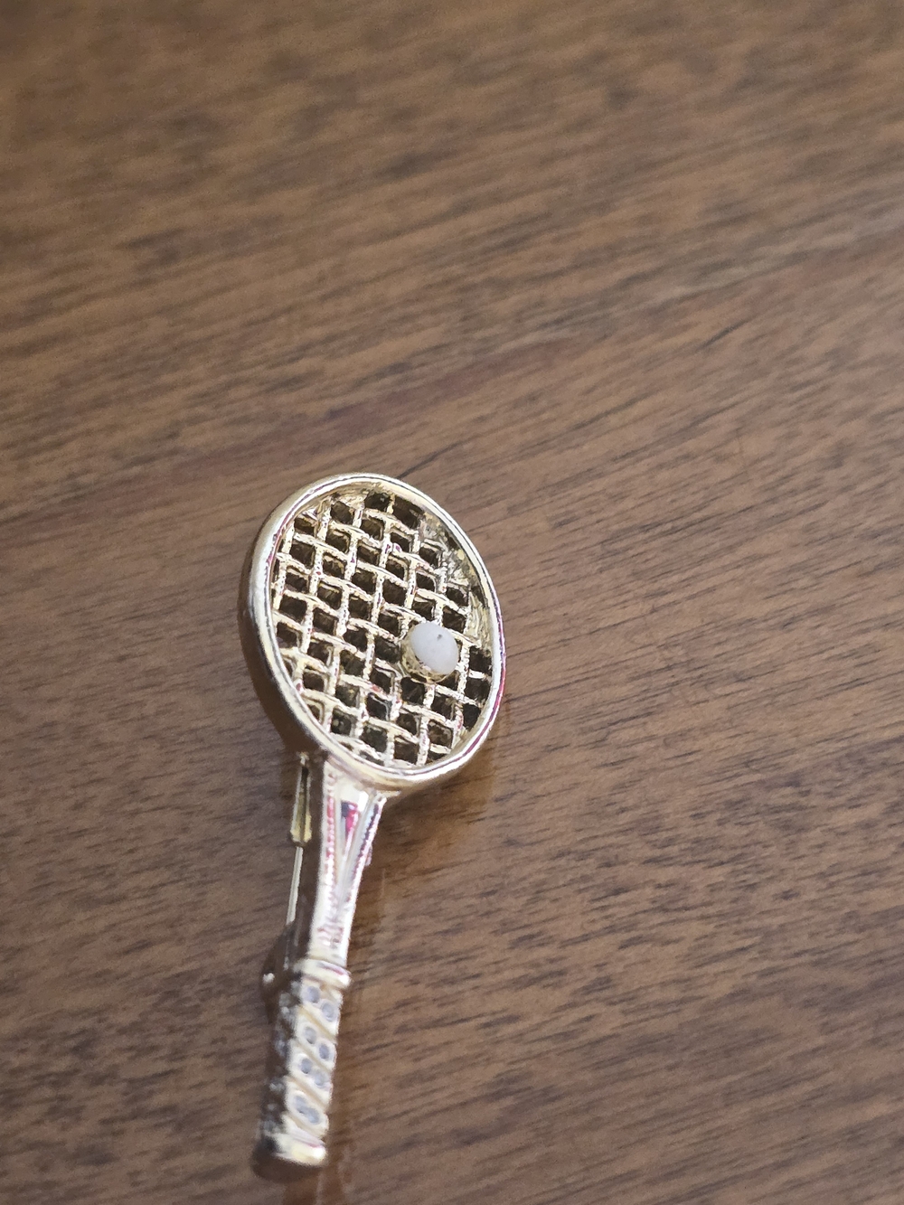 Gold Tennis Racket Brooch Pin with White Accent Stone